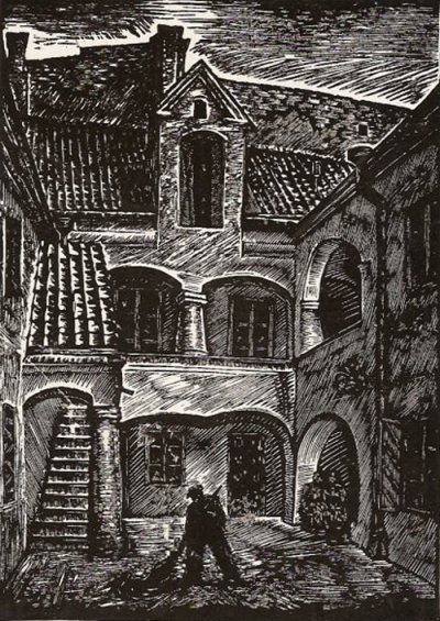Кузминскис Йонас | (1906-1985). Дворик жилого дома по ул. Пилес. Обрезная гравюра.