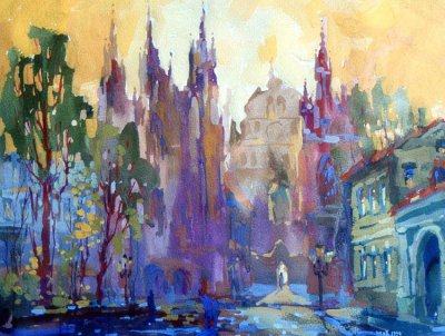 Короленков Вячеслав Вениаминович. Костел. Бумага/акварель, гуашь 40 x 50. 1990 г.