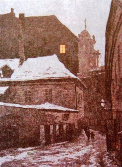 Розин Самуэль | (1926–2006). Ул. Литерату ночью. 1955 г. Линогравюра. С.Розин был известен своими работами, посвященными Вильнюсу и еврейской тематике.