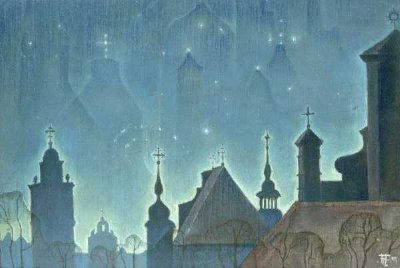 Смирнов-Русецкий Борис Алексеевич | (1905 - 1993) Силуэты на звездном небе. 1971. (Из цикла "Старый Вильнюс").