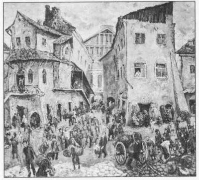 Лабковский Давид | (1906-1991). "Блошинный рынок возле Большой синагоги", 1947. Гуашь, картон.