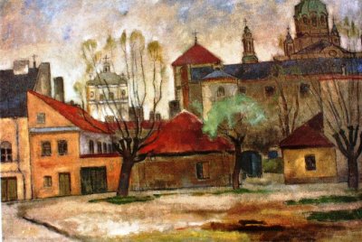 Уогинтас Бронюс. "Заброшенная базарная площадь в Вильнюсе." 1945 г. Холст, масло. 70 х 100.