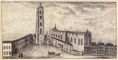 Озембловский Ю. (1805-1878). Костел Св. Яна с колокольней, 1853 г. Литография.)