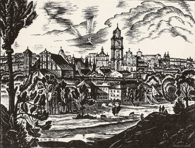 Кузминскис Йонас | (1906-1985). Костелы Бернардинцев и Св. Янов. Линогравюра. 1943 г.