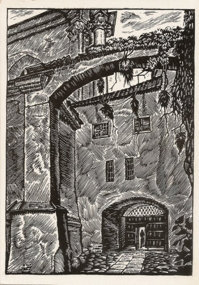 Кузминскис Йонас | (1906-1985). Университетский дворик. Линогравюра. 1947 г.