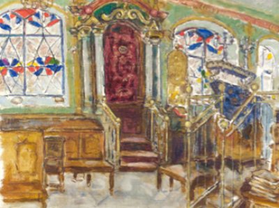 Шагал Марк. Синагога в Вильне, клойз Виленского Гаона. Холст, масло. 1931. Из сотен картин, написанных Шагалом, известны лишь шесть, на которых изображены синагоги.