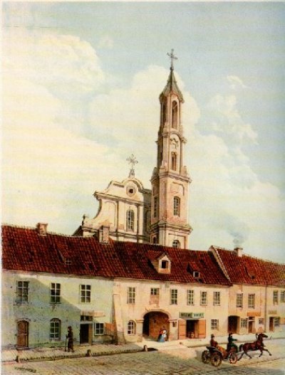 Трутнев Иван Петрович. "Церковь Святого Николая перед реконструкцией". Литография 1863. И.П. Трутнев в Вильну переселился в 1866 году. Поэтому нет сомнения, что его работы с видами Вильнюса, датируемые до 1866 года, были сделаны на основании картин или фотографий. Иначе, как он мог запечатлеть здания, которых к его прибытию в Вильну уже не было, а цель у него была - зафиксировать именно старину.