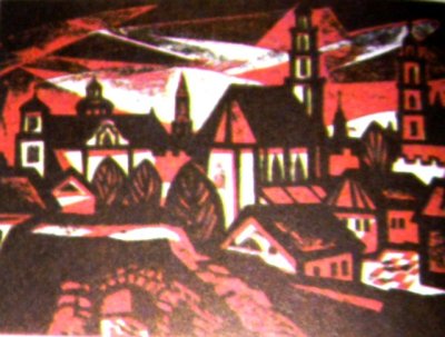 Лёлис Йонас. Вильнюс от улицы Субачяус. 1966 г. Резьба по картону.