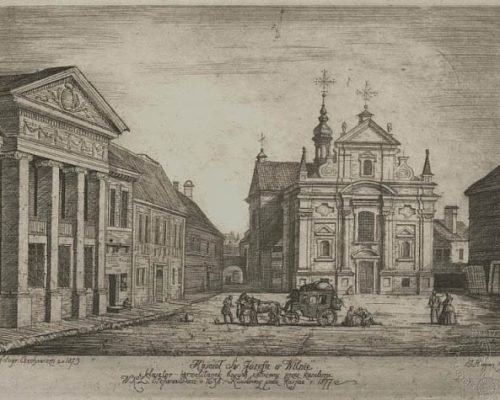 Художник неизвестен. Костел Св. Иосифа Обручника в Вильно, снесенный в 1877 г. Литография.  Можно предположить, что основой для литографии послужило данное фото Ю. Чеховича: