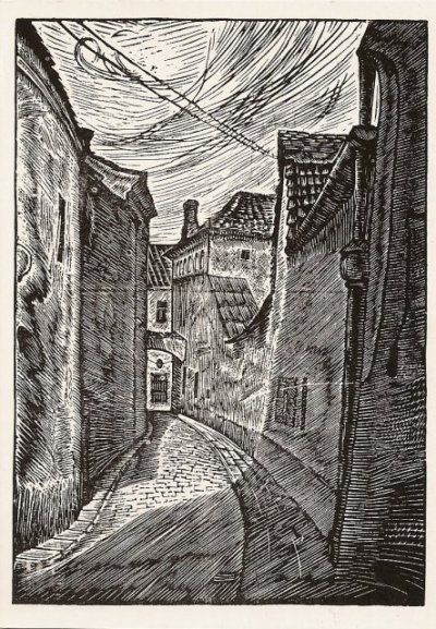 Кузминскис Йонас | (1906-1985). Переулок Пилес. Линогравюра. 1947 г.