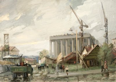 Медведев Иван. Новостройки Вильнюса. Проект открытки. 1957 г. Картон, акварель.