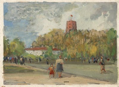 Медведев Иван. Башня Гедиминаса. Проект открытки. 1957 г. Картон, акварель.