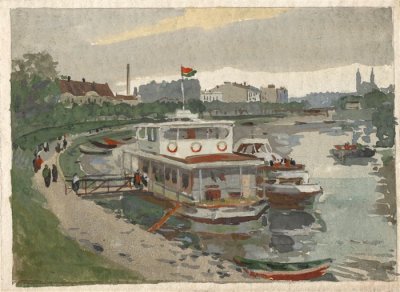 Медведев Иван. Пристань на реке Нерис. Проект открытки. 1957 г. Картон, акварель.