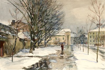 Медведев Иван. Площадь Президетского дворца 1. Проект открытки. 1957 г. Картон, акварель.