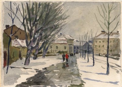 Медведев Иван. Площадь Президетского дворца 2. Проект открытки. 1957 г. Картон, акварель.