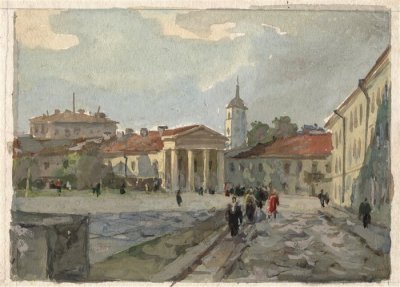 Медведев Иван. Площадь Президетского дворца 3. Проект открытки. 1957 г. Картон, акварель.