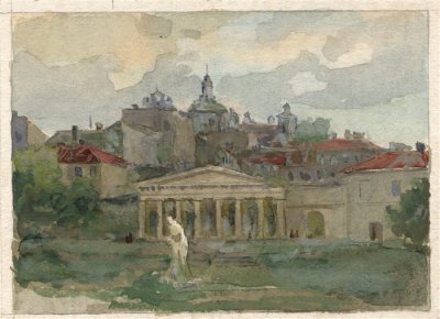 Медведев Иван. Двор Президетского дворца 1. Проект открытки. 1957 г. Картон, акварель.