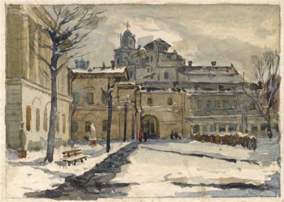 Медведев Иван. Двор Президетского дворца 2. Проект открытки. 1957 г. Картон, акварель.