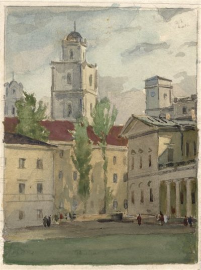 Медведев Иван. Вильнюсский университет. Проект открытки. 1957 г. Картон, акварель.