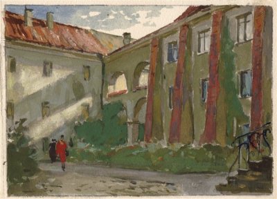 Медведев Иван. Проект открытки. Университетский дворик 1. 1957 г. Картон, акварель.