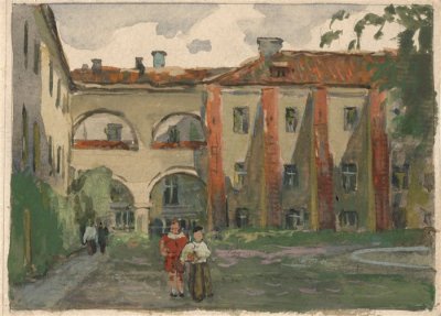 Медведев Иван. Университетский дворик 2. Проект открытки. 1957 г. Картон, акварель.