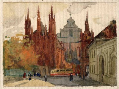 Медведев Иван. Костел Св. Анны. Проект открытки. 1957 г. Картон, акварель.