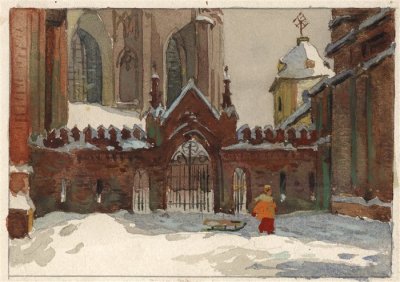 Медведев Иван. Вильнюсские костелы 1. Проект открытки. 1957 г. Картон, акварель.