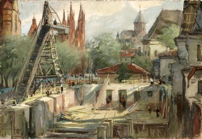 Медведев Иван. Стройка на ул. Тесос. Проект открытки. 1957 г. Картон, акварель.