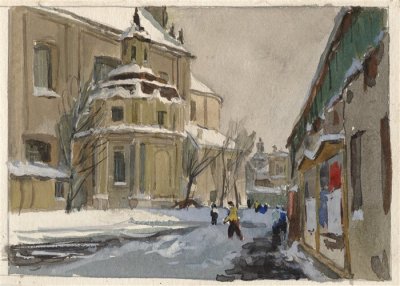 Медведев Иван. Старый город 4. Проект открытки. 1957 г. Картон, акварель.