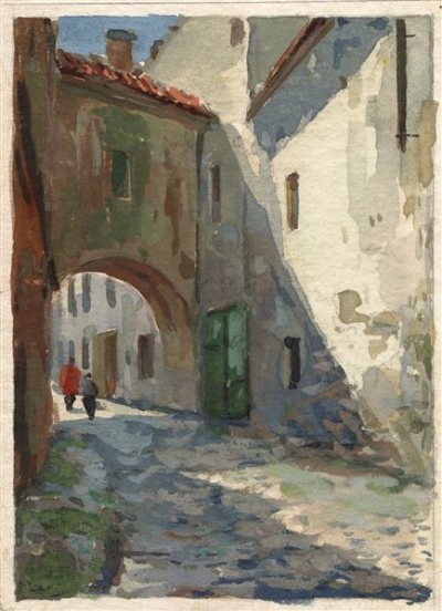 Медведев Иван. Старый город 5. Проект открытки. 1957 г. Картон, акварель.