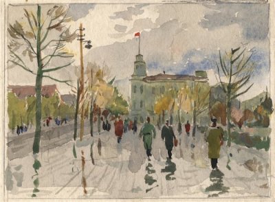 Медведев Иван. Проспект Гедимино 1. Проект открытки. 1957 г. Картон, акварель.