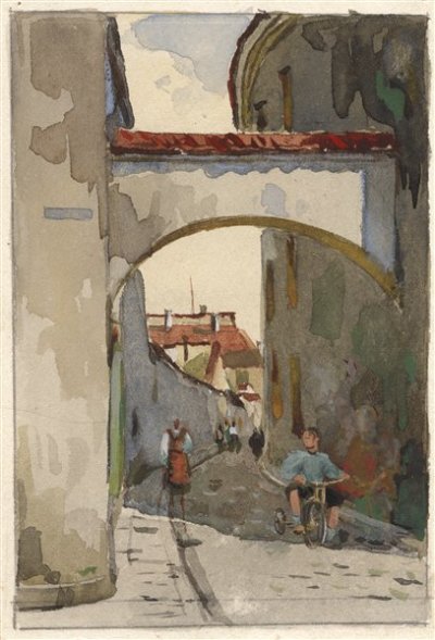 Медведев Иван. Старый город 7. Проект открытки. 1957 г. Картон, акварель.