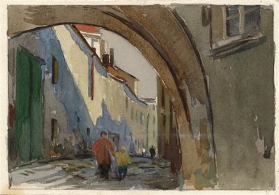 Медведев Иван. Старый город 9. Проект открытки. 1957 г. Картон, акварель.