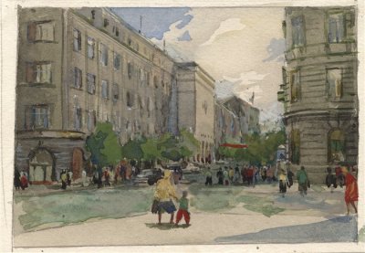 Медведев Иван. Проспект Гедимино 2. Проект открытки. 1957 г. Картон, акварель.