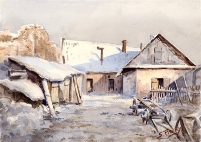 Флёри Станислав Филиберт | (1858-1915). Вильнюсский двор зимой. Акварель, 1919.