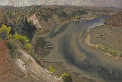 Камараускас Юозас. Излучина Нериса. Акварель, 1932 г. Литовский художественный музей.
Картины как и фотографии могут служить источником информации. По этим рисункам известного литовского художника мы можем определить, в какое время был построен ж/д мост в парке Вингис.