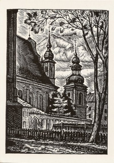 Кузминскис Йонас | (1906-1985). Костел святого Михаила. Линогравюра. 1947 г.