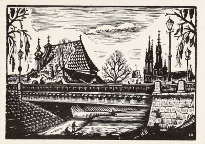 Кузминскис Йонас | (1906-1985). Костелы Св. Анны и Св. Михаила со стороны Заречья. Обрезная гравюра. 1942 г.