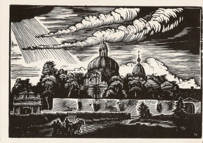 Кузминскис Йонас | (1906-1985). Монастырь Визиток. Обрезная гравюра. 1943 г.