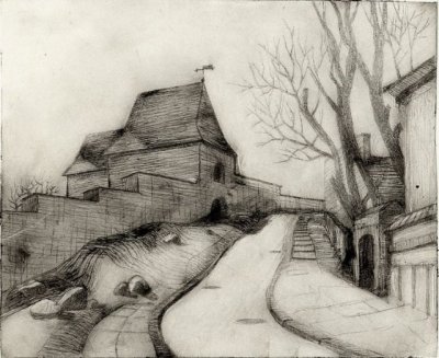 Карелина Инга Эдуардовна. Вильнюс в апреле. Оттиск на офортной бумаге / сухая игла 2004 г.