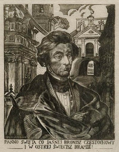 Ролич Станислав | (1913-1997). Портрет Адама Мицкевича на фоне Святых Ворот, 1944. Гравюра на дереве, 16 x 12.