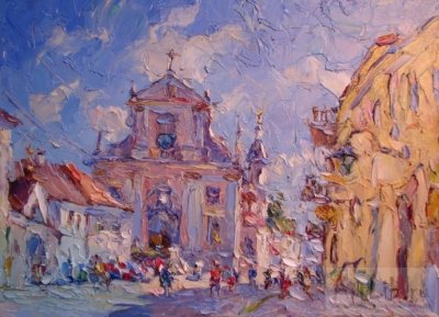 Качкин Юрий Яковлевич. Костёл Св. Терезы (Кармелитов). 2010 г. Пленэрная работа. Выполнена мастихином под открытым небом на ул. Диджёйи. Оргалит/масло. 26 х 35.