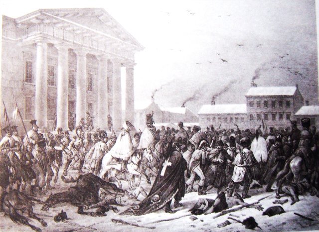 Винцент Адам Жан-Виктор | (1801-1867) и Бишебуа Луи Пьер-Альфонс (1801-1850). Бегство французской армии в 1812 г. через Ратушную площадь в Вильне. Литография, по рисунку Яна Кшиштофа Дамеля (1780-1840).