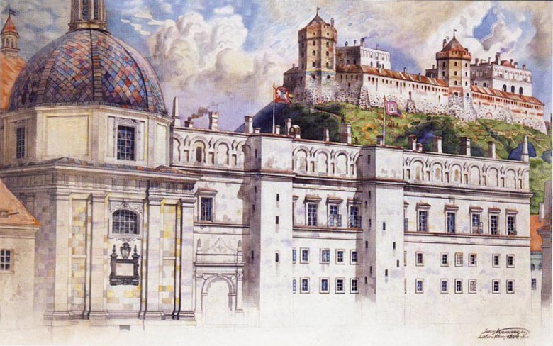 Камараускас Юозас. Восстановленный вид Дворца Правителей и Верхнего Замка. Акварель, 1894 г.