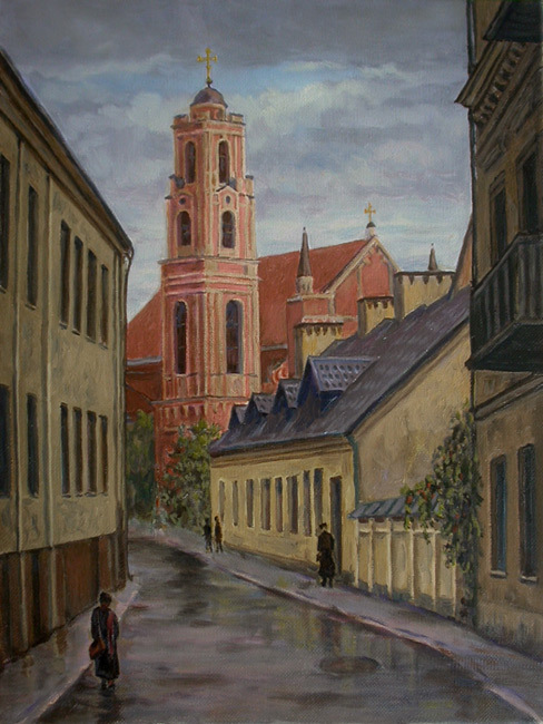 Зражевский Аркадий Александрович. Дождливый день в Вильнюсе. Вид на костел Всех Святых. Холст/масло 50 x 40. 2009 г.